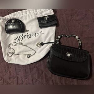 BRIGHTON Leather Heart Handle Purse Coin And Lipstick Case Necklace lot rare